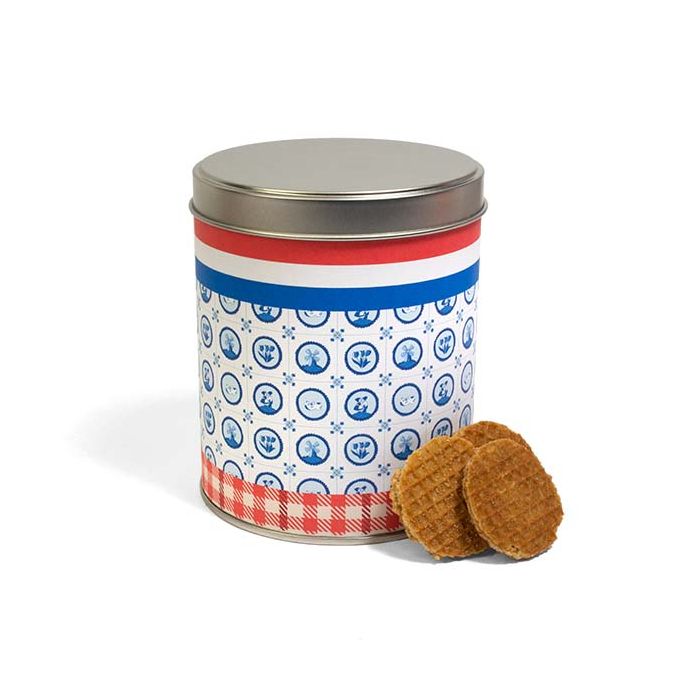 mini stroopwafels in delfsblauw blik